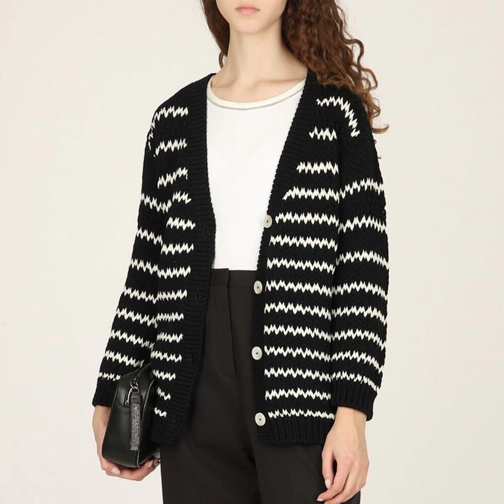 Fabiana Filippi Navy White Striped Chunky Knit Cardigan Sweater